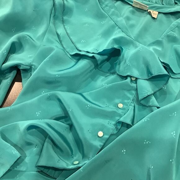 Vintage Liz Claiborne Button Up V Neck Ruffle Blouse Embossed Turquoise - Picture 12 of 12